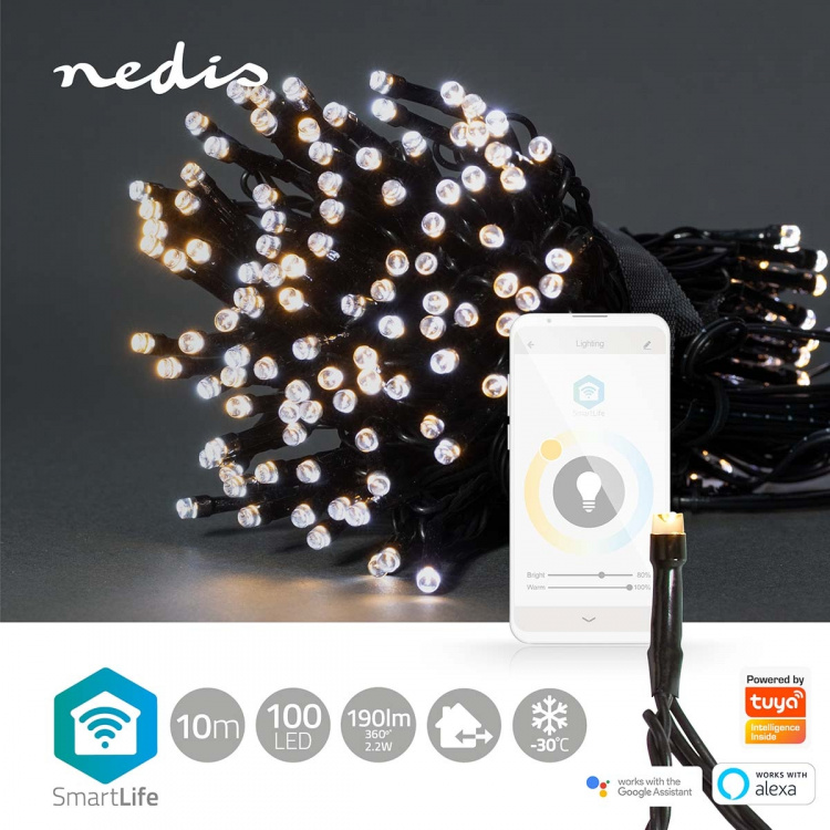 Nedis SmartLife Jouluvalot | Nauha | Wi-Fi | Lämpimästä kylmään valkoiseen | 100 LED\'s | 10.0 m | Android™ / IOS