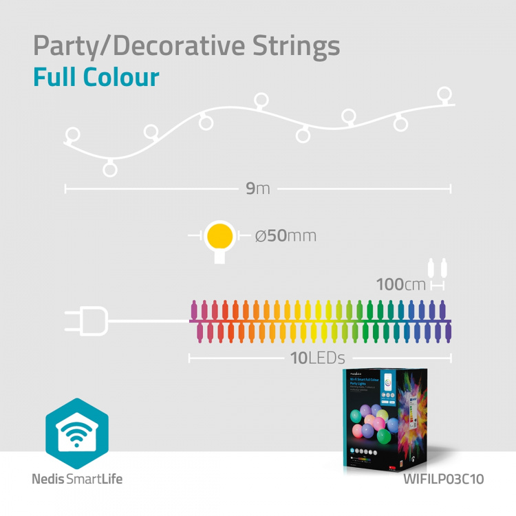 Nedis SmartLife-koristevalot | Partylight | Wi-Fi | RGB / Valkoinen | 10 LED\'s | 9.00 m | Android™ / IOS | Polttimon halkaisija: 50 mm Nedis SmartLife-koristevalot | Partylight | Wi-Fi | RGB / Valkoinen | 10 LED\'s | 9.00 m | Android™ / IOS | Polttimon halkaisija: 50 mm