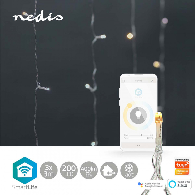 Nedis SmartLife Jouluvalot | Verho | Wi-Fi | Lämpimästä kylmään valkoiseen | 200 LED\'s | 3 m | Android™ / IOS