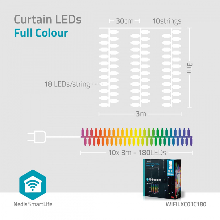 Nedis SmartLife Jouluvalot | Verho | Wi-Fi | RGB | 180 LED\'s | 3 m | Android™ / IOS