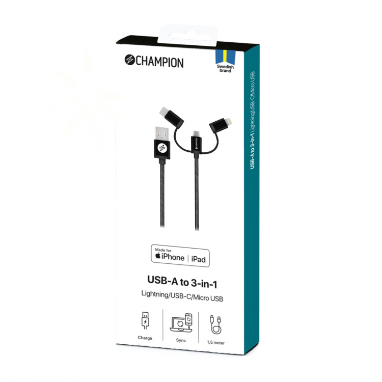Champion Ladd&Synk kabel USB 3-in-1 1,5 Champion Ladd&Synk kabel USB 3-in-1 1,5