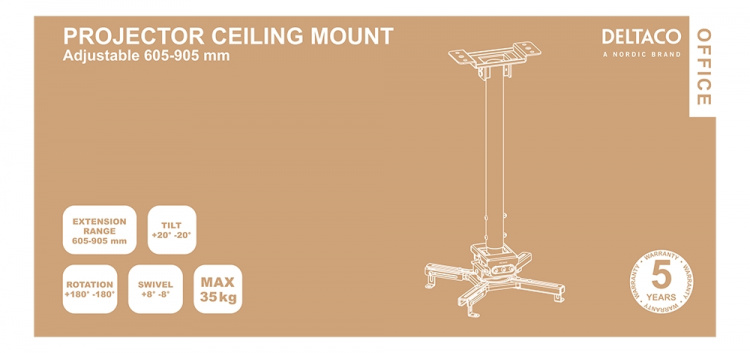 DELTACO OFFICE projektorin kattoteline, 605mm-905mm, 35kg, musta