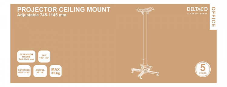 DELTACO OFFICE projektorin kattoteline, 745mm-1145mm, 35kg, musta