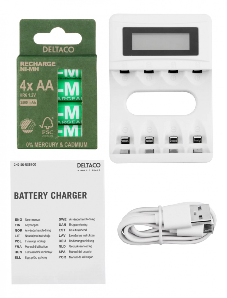 DELTACO Ultimate Ni-Mh USB charger with 4 x AA batteries DELTACO Ultimate Ni-Mh USB charger with 4 x AA batteries