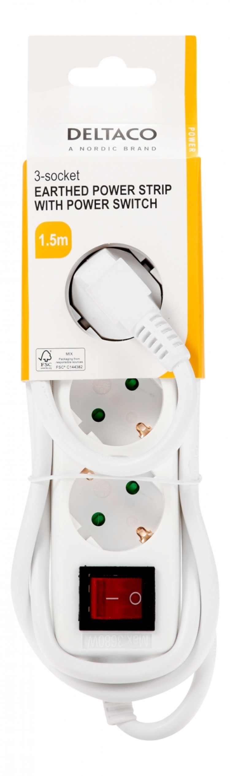 DELTACO outlet 3xCEE 7/3 1xCEE 7/7 switch 1,5m white