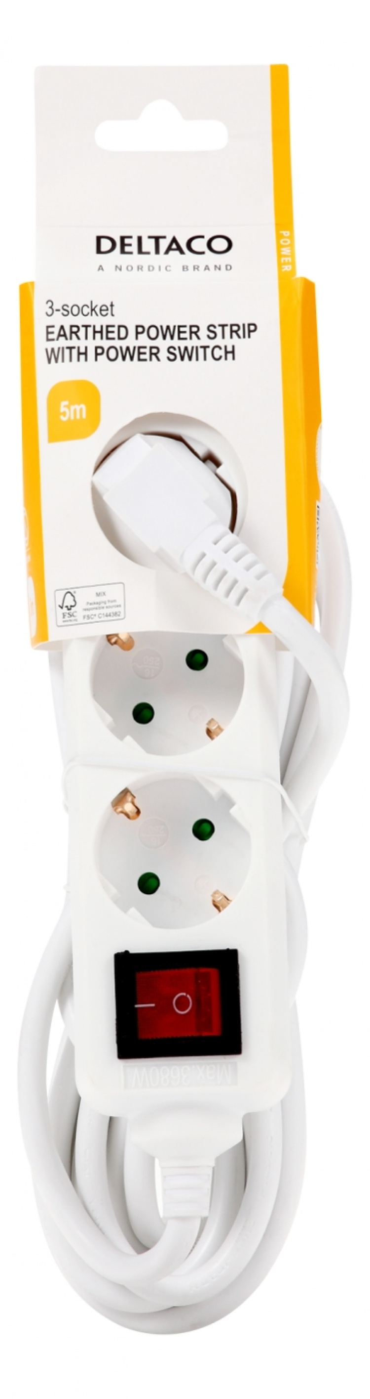 DELTACO outlet 3xCEE 7/3 1xCEE 7/7 switch 5m white