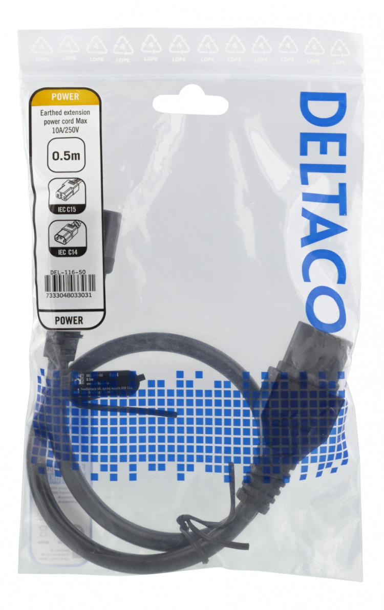 DELTACO maadoitettu kaapeli, IEC C15 - IEC C14, 0.5m, musta