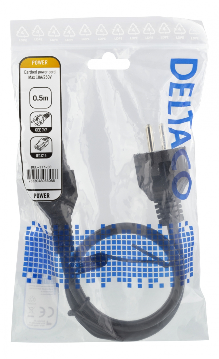 DELTACO maadoitettu kaapeli, IEC C15 - CEE7/7, 0,5m, musta