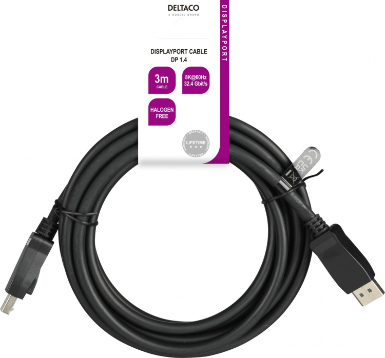 DELTACO DisplayPort cable, DP 1.4, 8K@60Hz, 3m, black DELTACO DisplayPort cable, DP 1.4, 8K@60Hz, 3m, black