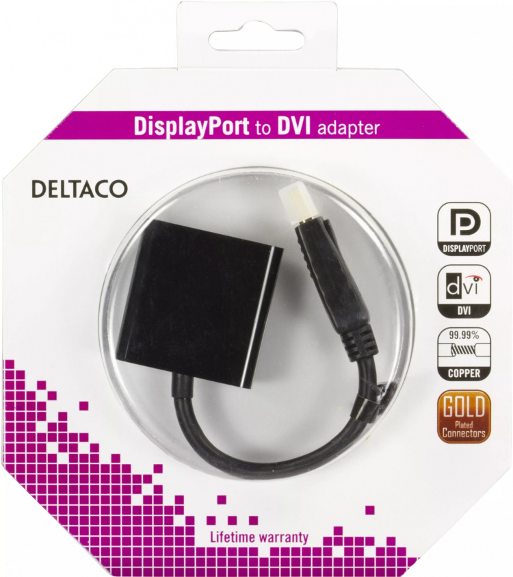 DELTACO DisplayPort - DVI-D Single Link sovitin, 0,2m, musta DELTACO DisplayPort - DVI-D Single Link sovitin, 0,2m, musta