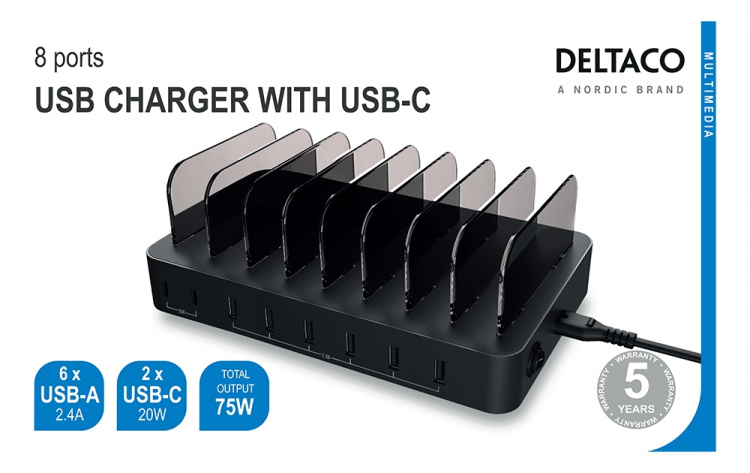 DELTACO USB-latausasema, 6x USB-A, 2x USB-C PD 75W, musta