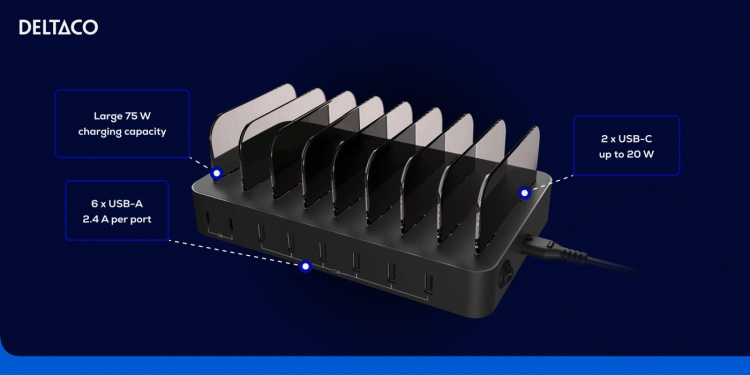DELTACO USB-latausasema, 6x USB-A, 2x USB-C PD 75W, musta