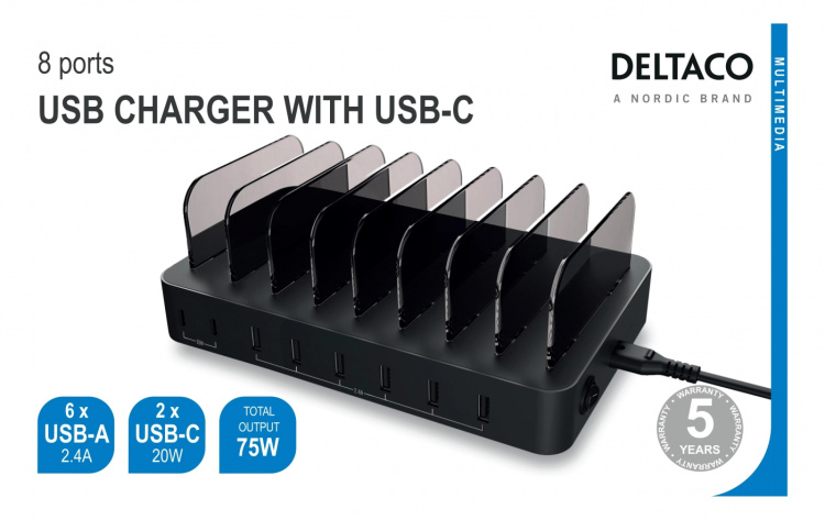 DELTACO USB-latausasema, 6x USB-A, 2x USB-C PD 75W, musta