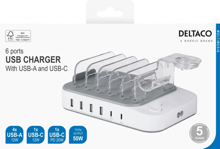 DELTACO USB charging station, 4x USB-A, 1x USB-C 2.4A, 1x USB-C PD 20W DELTACO USB charging station, 4x USB-A, 1x USB-C 2.4A, 1x USB-C PD 20W