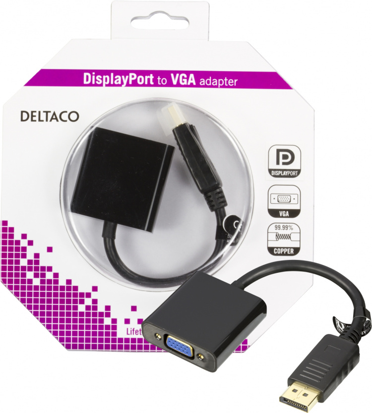 DELTACO DisplayPort - VGA-sovitin, Full HD 60Hz, musta, 0,2m DELTACO DisplayPort - VGA-sovitin, Full HD 60Hz, musta, 0,2m