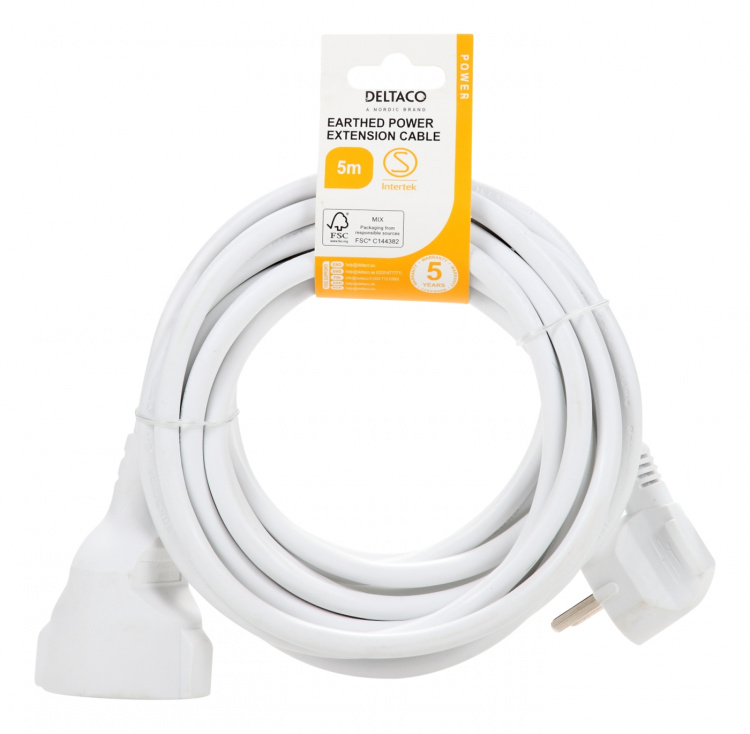 DELTACO Jordad förlängningskabel 1x CEE 7/3, 1x CEE 7/7, 5m, Vit DELTACO Jordad förlängningskabel 1x CEE 7/3, 1x CEE 7/7, 5m, Vit