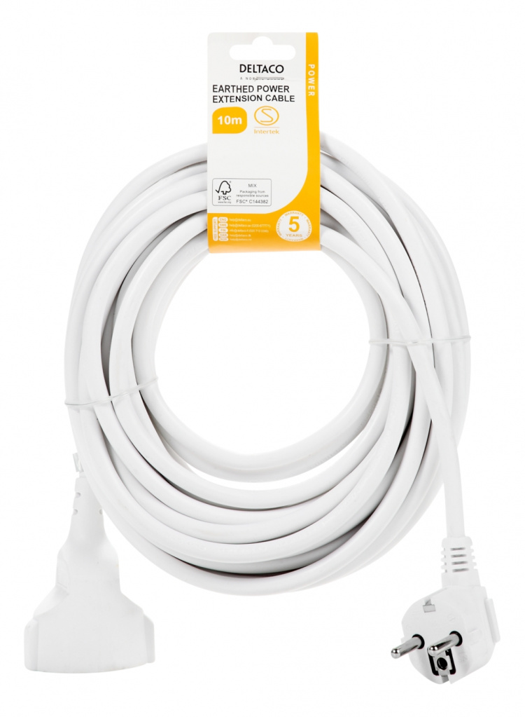 DELTACO Jordad förlängningskabel 1x CEE 7/3, 1x CEE 7/7, 10m, Vit DELTACO Jordad förlängningskabel 1x CEE 7/3, 1x CEE 7/7, 10m, Vit