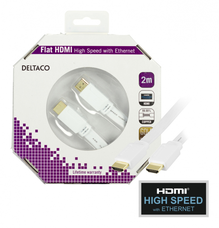 DELTACO HDMI v1.4 kaapeli 4K, Ethernet,3D, paluu, litteä valk,2m