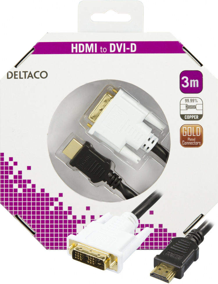 DELTACO HDMI u - DVI-D Single Link u, musta/valkoinen, 3m