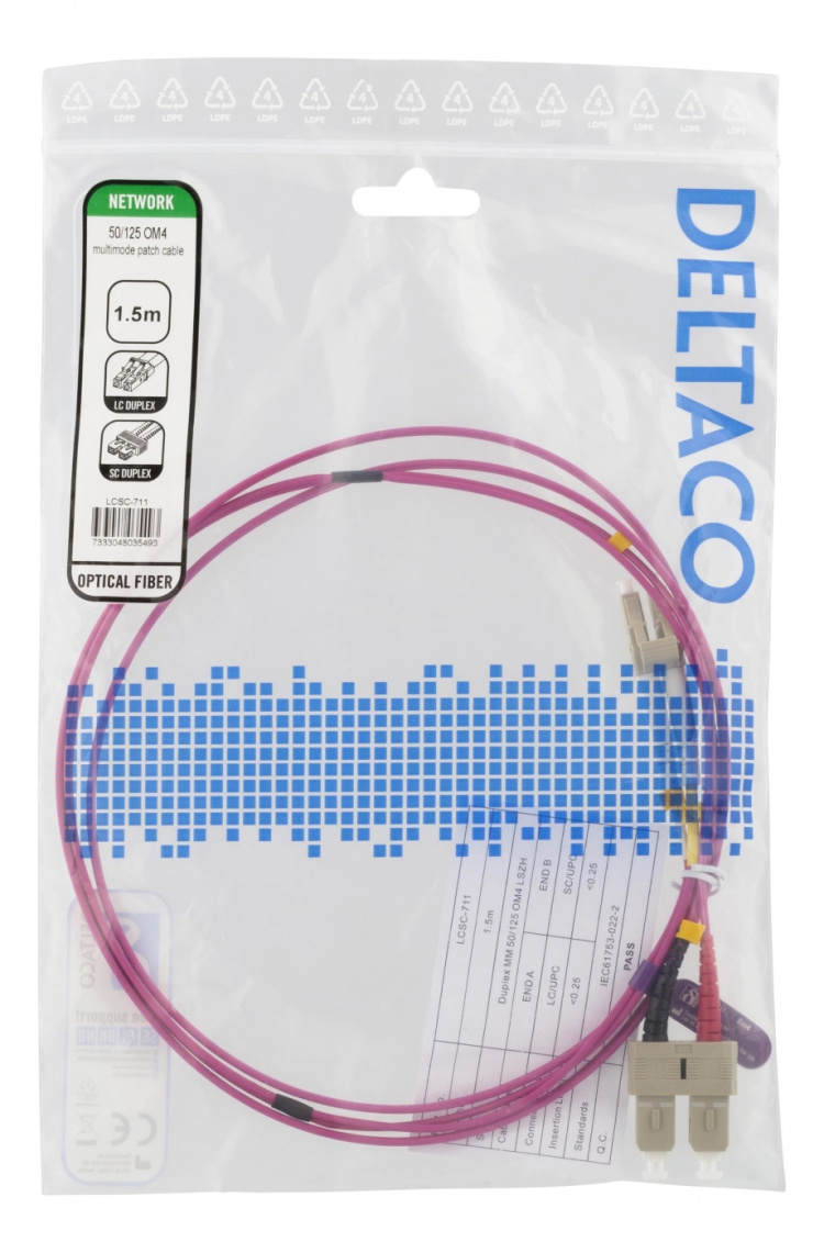 DELTACO OM4-kuitukaapeli, LC – SC, duplex, multimode, 50/125, 1,5m DELTACO OM4-kuitukaapeli, LC – SC, duplex, multimode, 50/125, 1,5m
