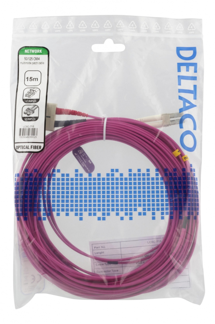 DELTACO OM4-kuitukaapeli, LC – SC, duplex, multimode, 50/125, 15m DELTACO OM4-kuitukaapeli, LC – SC, duplex, multimode, 50/125, 15m