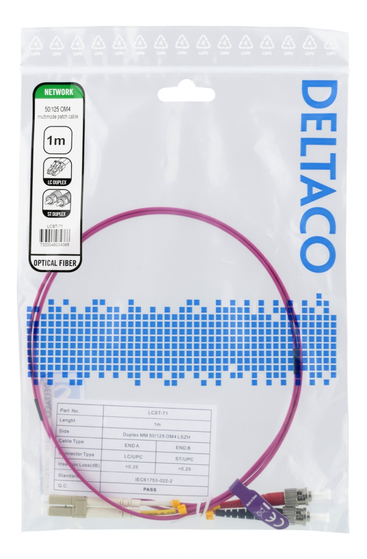 DELTACO kuitukaapeli, 1m, LC-ST Duplex, 50/125, vaaleanpunainen DELTACO kuitukaapeli, 1m, LC-ST Duplex, 50/125, vaaleanpunainen
