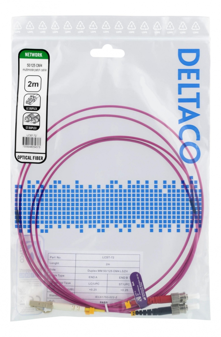 DELTACO kuitukaapeli, 2m, LC-ST Duplex, 50/125, vaaleanpunainen DELTACO kuitukaapeli, 2m, LC-ST Duplex, 50/125, vaaleanpunainen