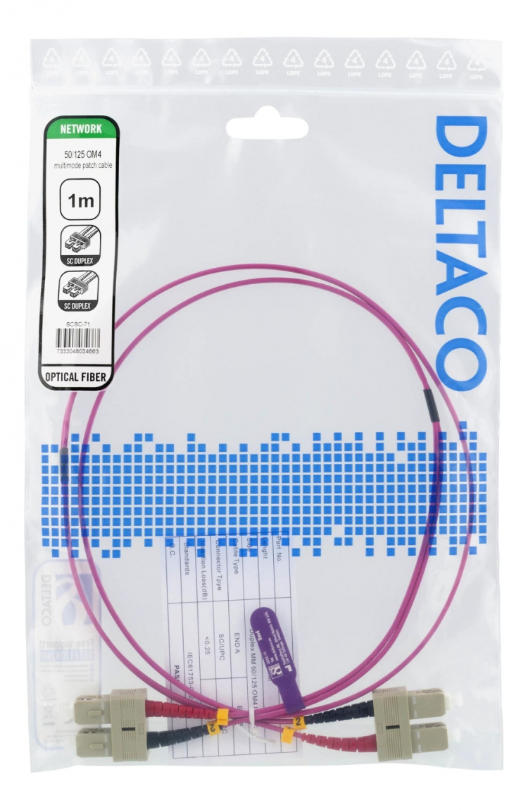 DELTACO kuitukaapeli, 1m, SC-SC Duplex, 50/125, vaaleanpunainen DELTACO kuitukaapeli, 1m, SC-SC Duplex, 50/125, vaaleanpunainen