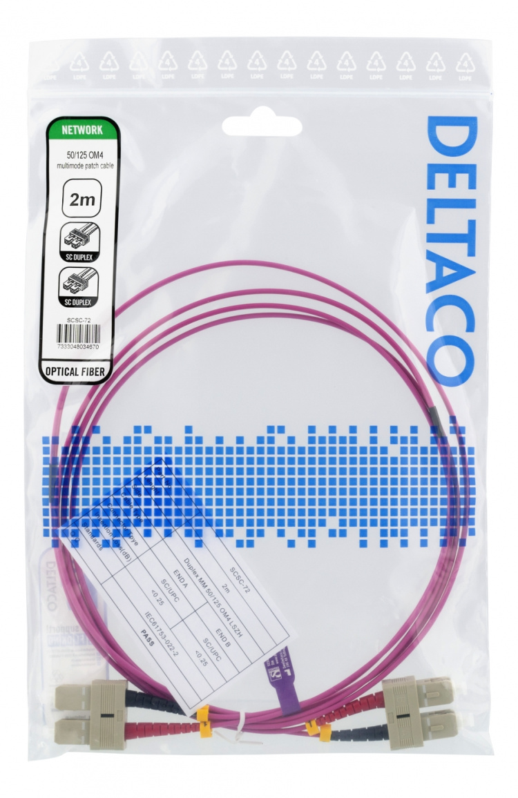 DELTACO kuitukaapeli, 2m, SC-SC Duplex, 50/125, vaaleanpunainen DELTACO kuitukaapeli, 2m, SC-SC Duplex, 50/125, vaaleanpunainen