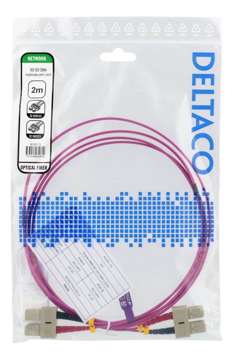 DELTACO kuitukaapeli, 2m, SC-SC Duplex, 50/125, vaaleanpunainen DELTACO kuitukaapeli, 2m, SC-SC Duplex, 50/125, vaaleanpunainen