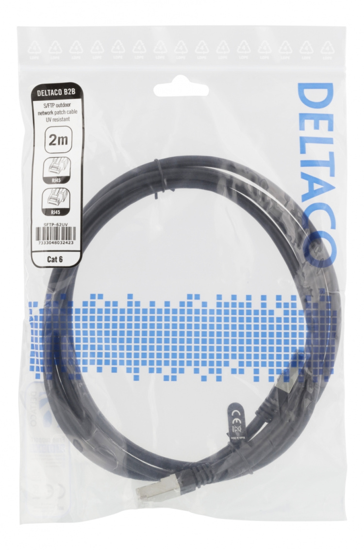 DELTACO S/FTP Cat6 laitekaapeli, 2m, 250MHz, UV-suojaus, musta