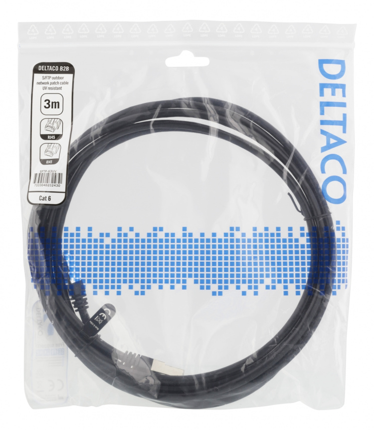 DELTACO S/FTP Cat6 laitekaapeli, 3m, 250MHz, UV-suojaus, musta DELTACO S/FTP Cat6 laitekaapeli, 3m, 250MHz, UV-suojaus, musta