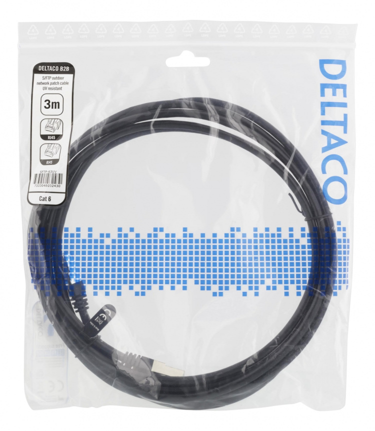DELTACO S/FTP Cat6 laitekaapeli, 3m, 250MHz, UV-suojaus, musta DELTACO S/FTP Cat6 laitekaapeli, 3m, 250MHz, UV-suojaus, musta