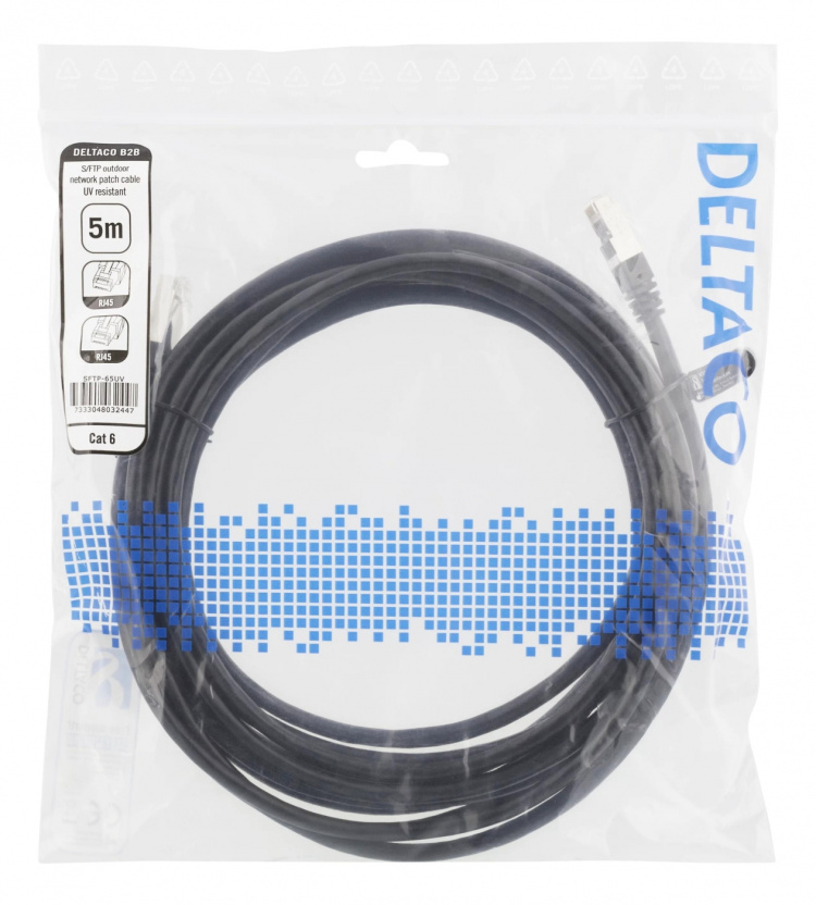 DELTACO S/FTP Cat6 laitekaapeli, 5m, 250MHz, UV-suojaus, musta DELTACO S/FTP Cat6 laitekaapeli, 5m, 250MHz, UV-suojaus, musta