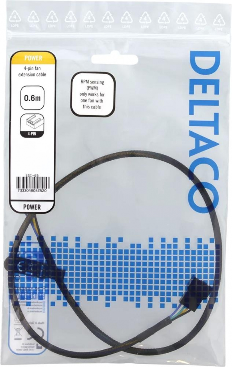 DELTACO förlängningskabel för 4-pins fläktar 0,6m, svart