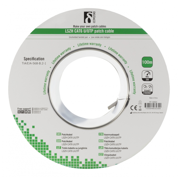 DELTACO U/UTP laitekaapeli, LSZH, Cat6, 100m, valkoinen