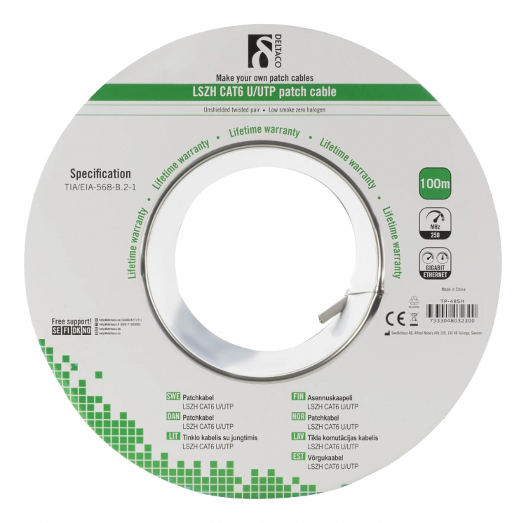 DELTACO U/UTP laitekaapeli, LSZH, Cat6, 100m, valkoinen