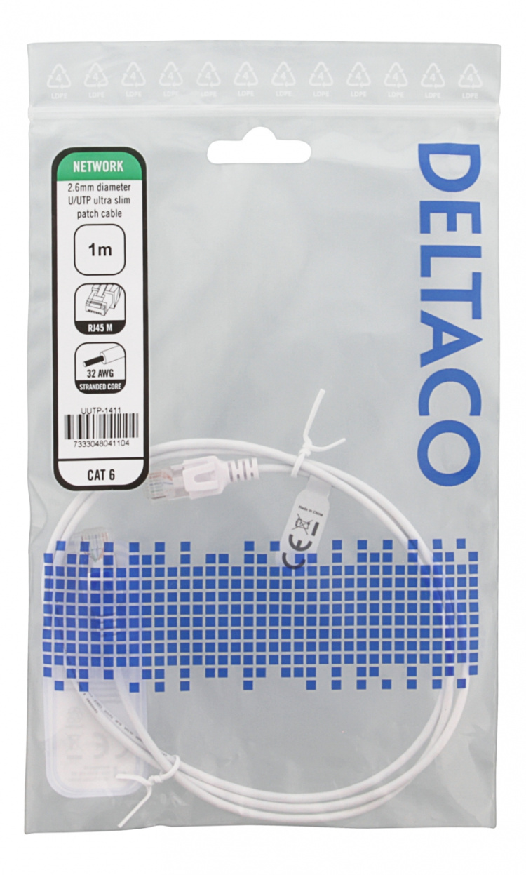 DELTACO laitekaapeli, U/FTP, Cat6, ohut, 1m, 500MHz, LSZH, valkoinen DELTACO laitekaapeli, U/FTP, Cat6, ohut, 1m, 500MHz, LSZH, valkoinen