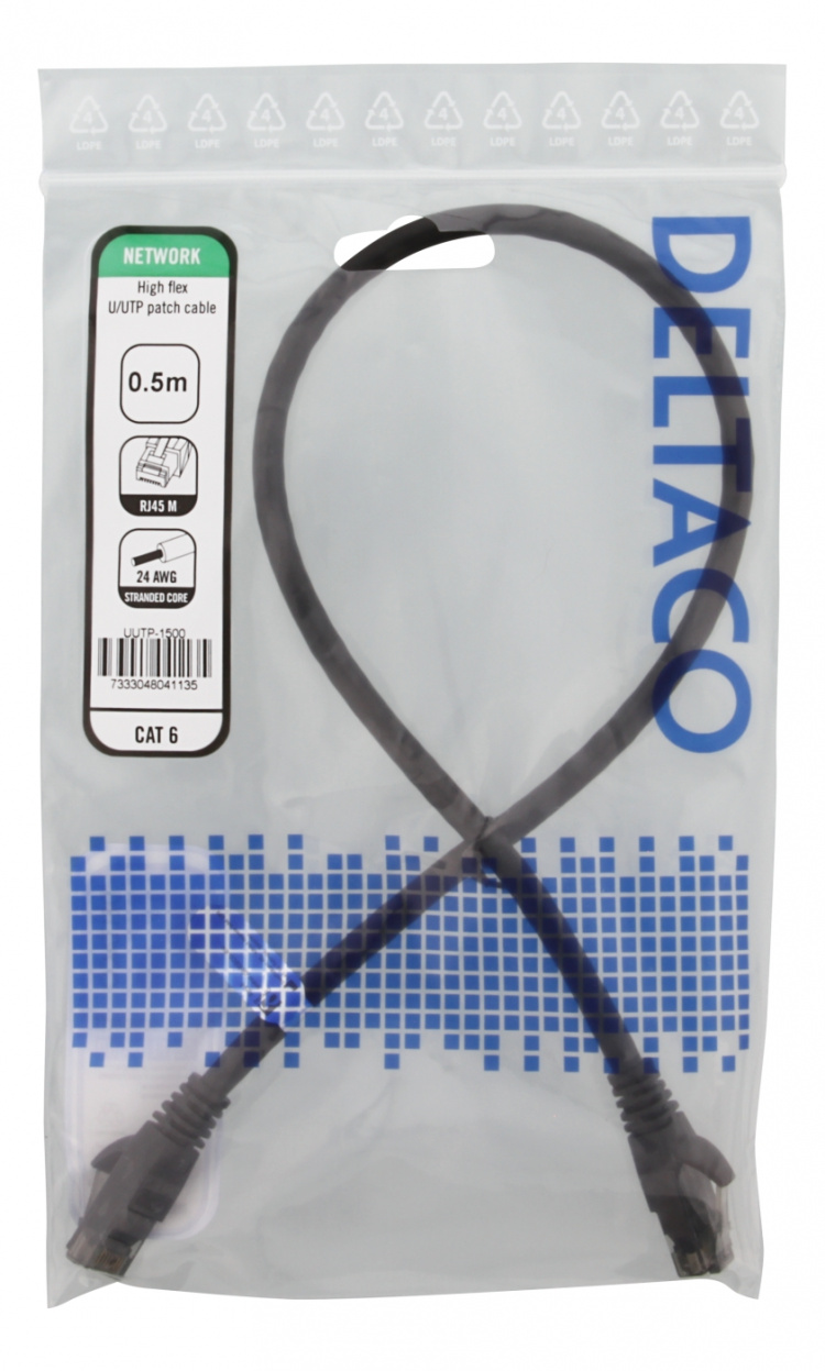 DELTACO laitekaapeli, U/UTP, Cat6, 0,5m, monilank., 24AWG, LSZH, musta
