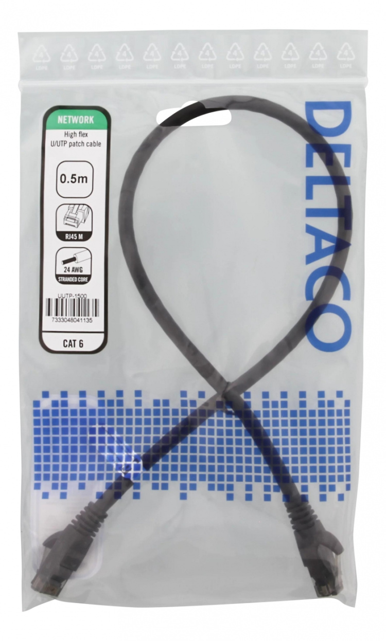 DELTACO laitekaapeli, U/UTP, Cat6, 0,5m, monilank., 24AWG, LSZH, musta