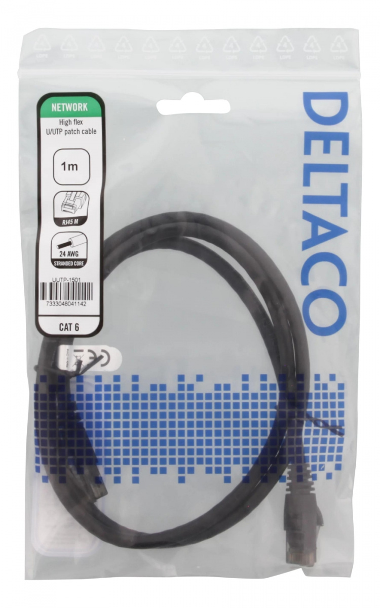 DELTACO laitekaapeli, U/UTP, Cat6, 1m, monilank., 24AWG, LSZH, musta