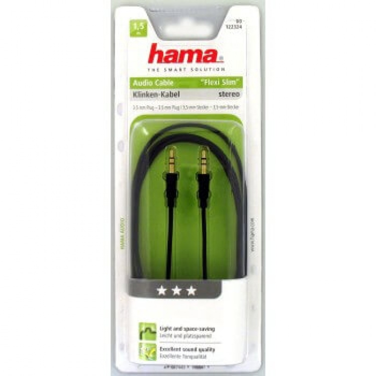 Hama Kabel Audio 3.5mm-3.5mm Flexislim Guld Svart 1.5m