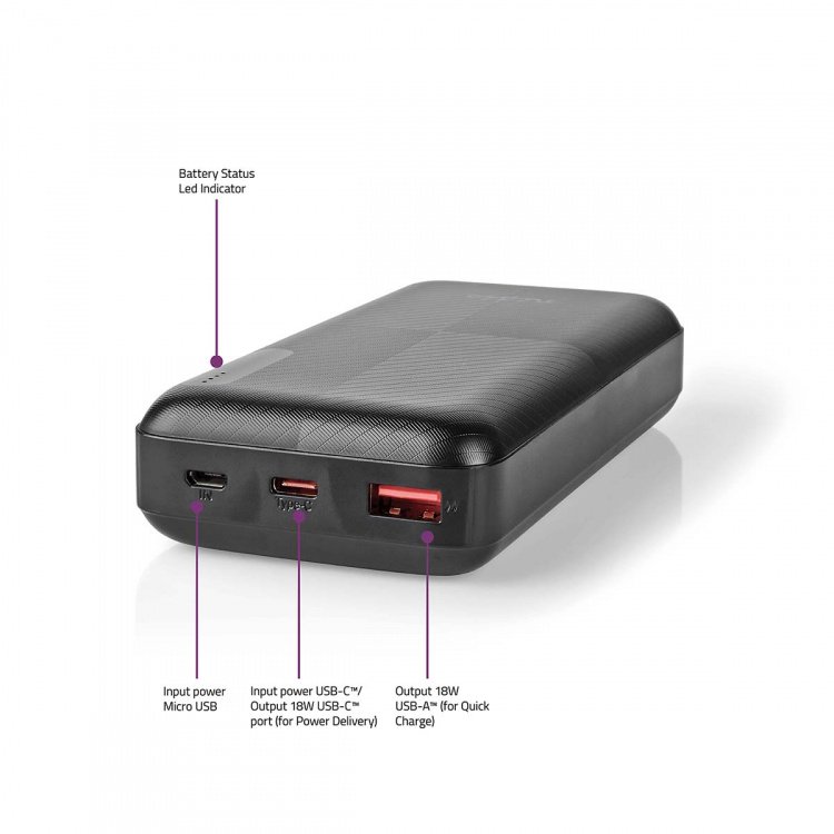 Nedis Virtapankki | 20000 mAh | 1.5 / 2.0 / 3.0 A | Lähtöliitäntöjen määrä: 2 | Lähtöliitäntä: 1x USB-A / 1x USB-C™ | Sisääntulon liitäntä: 1x Micro USB / 1x USB-C™ | PD2.0 18W | Litium-Polymeeri Nedis Virtapankki | 20000 mAh | 1.5 / 2.0 / 3.0 A | Lähtöliitäntöjen määrä: 2 | Lähtöliitäntä: 1x USB-A / 1x USB-C™ | Sisääntulon liitäntä: 1x Micro USB / 1x USB-C™ | PD2.0 18W | Litium-Polymeeri