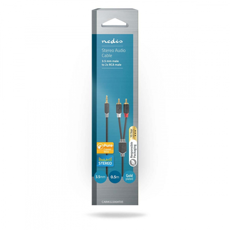 Nedis Stereoäänikaapeli | 3.5 mm uros | 2x RCA uros | Kullattu | 0.50 m | Pyöreä | Antrasiitti | Laatikko
