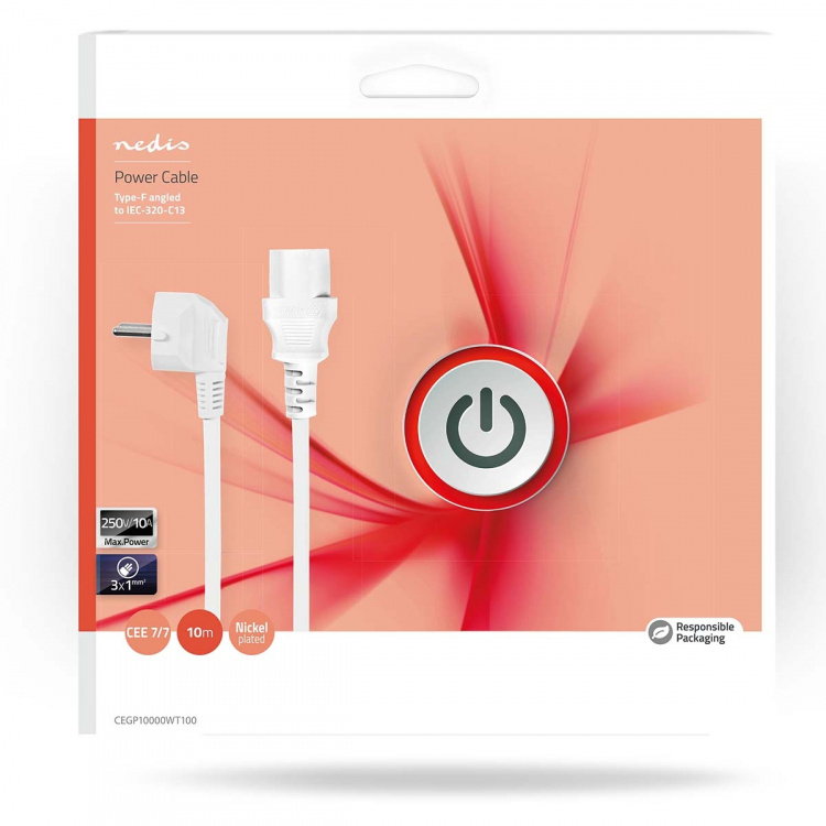 Nedis Sähköjohto | Suko Uros | IEC-320-C13 | Kulma | Suora | Niklattu | 10.0 m | Pyöreä | PVC | Valkoinen | Laatikko