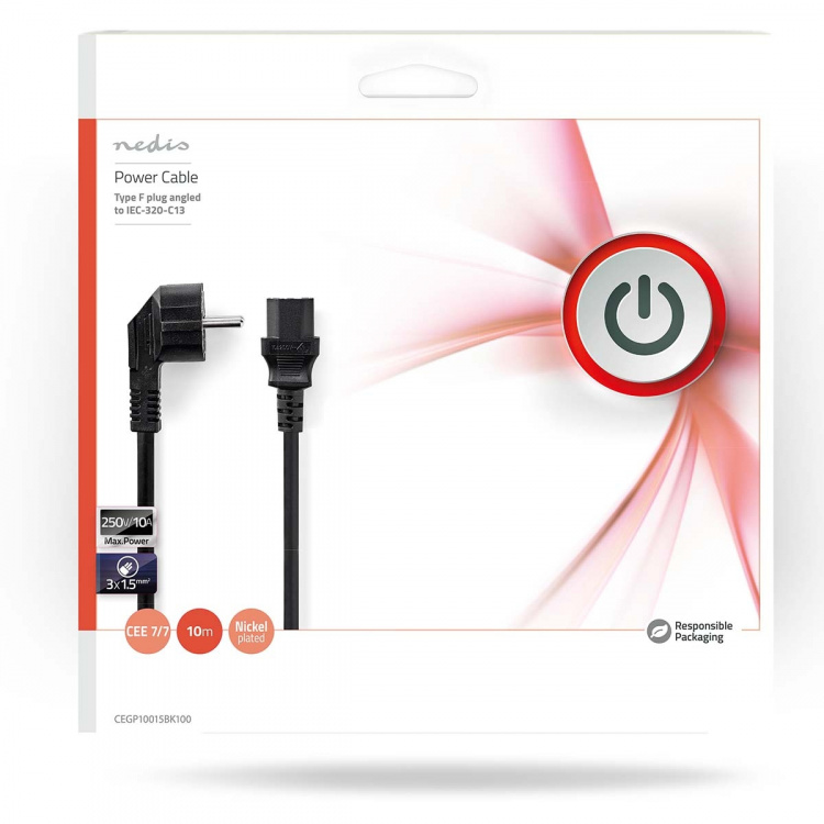 Nedis Sähköjohto | Suko Uros | IEC-320-C13 | Kulma | Suora | Niklattu | 10.0 m | Pyöreä | PVC | Musta | Kirjekuori