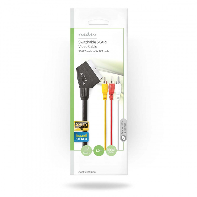 Nedis SCART-kaapeli | SCART Uros | 3x RCA uros | Niklattu | Vaihdettava | 480p | 1.00 m | Pyöreä | PVC | Musta | Kirjekuori