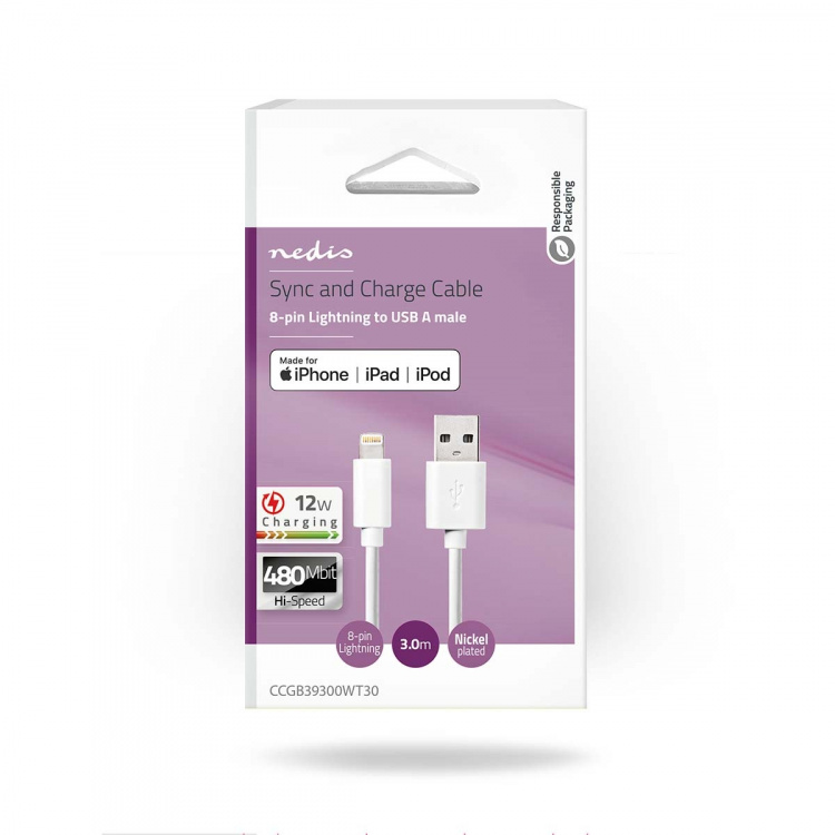 Nedis Lightning Kaapeli | USB 2.0 | Apple Lightning 8-Pin | USB-A Uros | 480 Mbps | Niklattu | 3.00 m | Pyöreä | PVC | Valkoinen | Laatikko