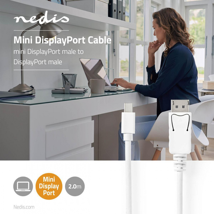 Nedis Mini DisplayPort kaapeli | DisplayPort 1.4 | Mini DisplayPort Uros | DisplayPort uros | 48 Gbps | Niklattu | 2.00 m | Pyöreä | PVC | Valkoinen | Blister