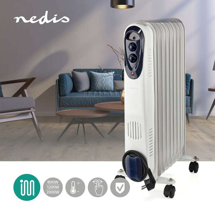 Nedis Siirrettävä Öljylämmitin | 800 / 1200 / 2000 W | 9 Lamellia | Säädettävä termostaatti | 3 Lämpöasetusta | Kaatumissuoja | Valkoinen
